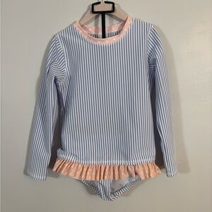 RuffleButts Girls Sz 6 Long Sleeve Rashguard Swim Set Blue Stripe Pink Polka Dot